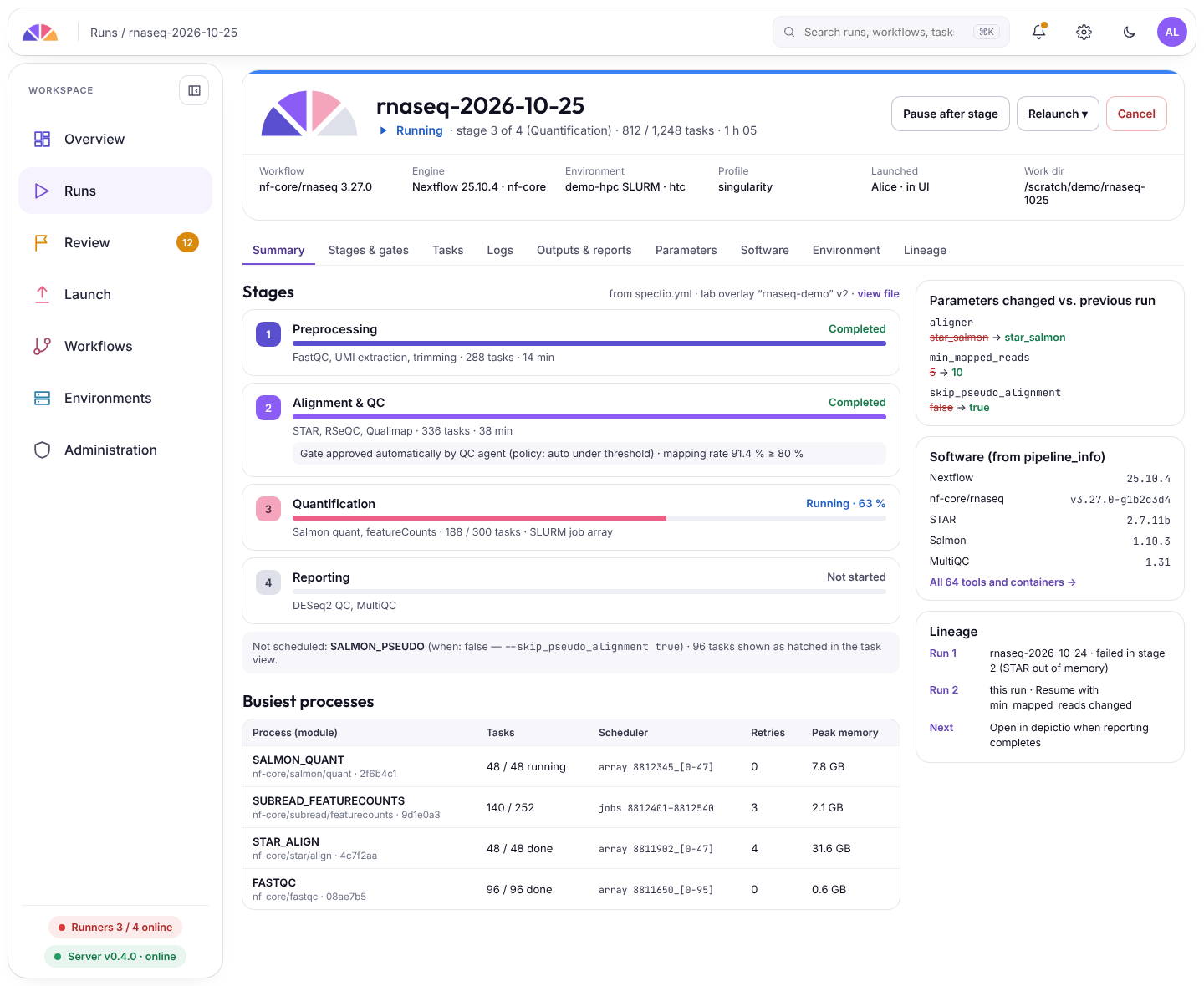 The detail page of a running pipeline